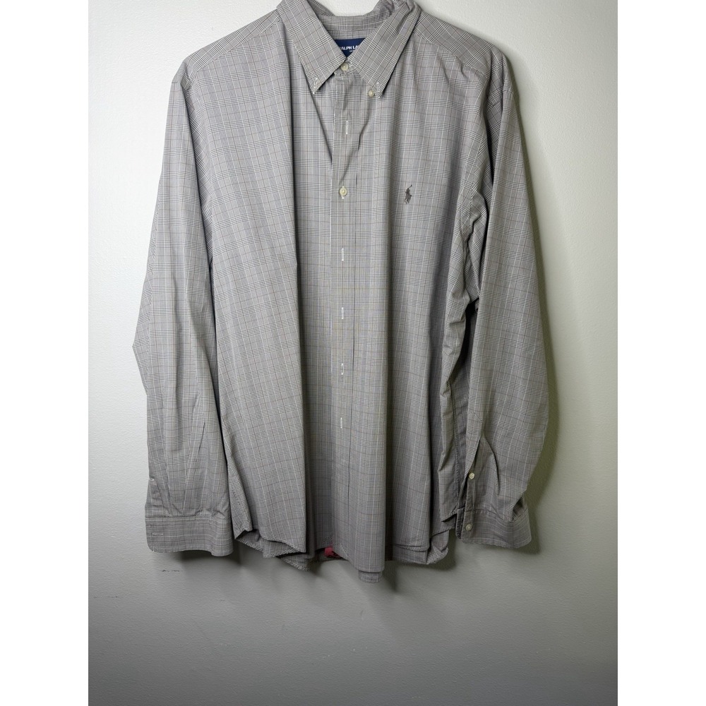 Ralph Lauren Golf XXL Button Down Long Sleeve Gray Plaid Shirt Brown Pony Logo